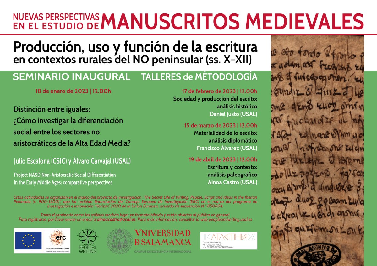 No olvidéis inscribiros al próximo seminario #PeopleAndWriting Escritura y contexto: análisis paleográfico – Ainoa Castro (USAL)

<a href="/ERC_Research/">European Research Council (ERC)</a> <a href="/DptoHa/">Dpto. Hª Medieval, Moderna y Contemporánea. USAL</a> <a href="/investigausal/">Investigación USAL</a>

19 de abril
Info:
peopleandwriting.usal.es/en/about/event…
