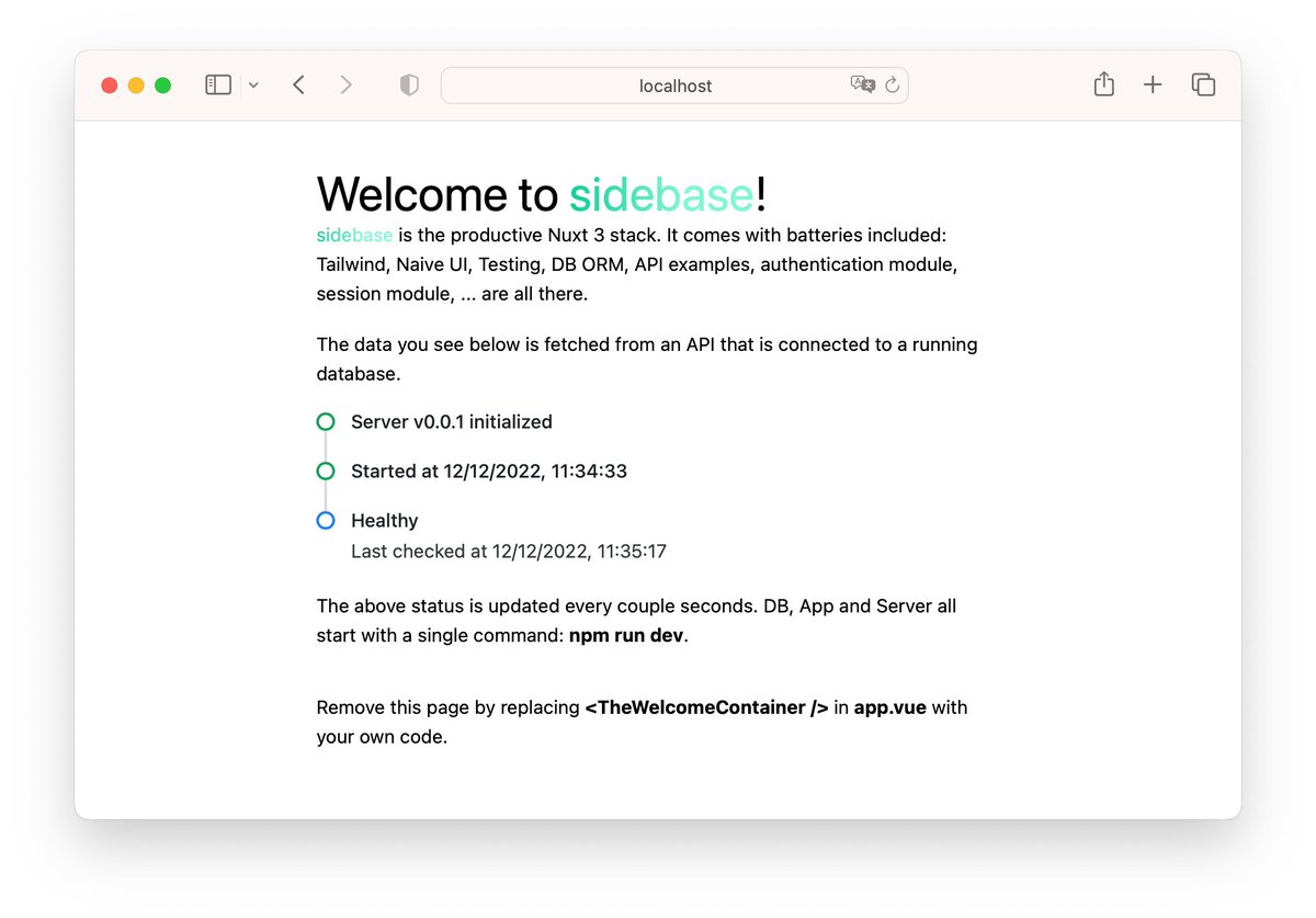 ✨ sidebase release time

sidebase is the 350⭐️ productive <a href="/nuxt_js/">Nuxt</a> 3 starter template with <a href="/prisma/">Prisma Postgres</a> ORM, Naive UI components, authentication, sessions, native testing, ...

Today we launch V3 of sidebase. To use it run:

npx nuxi@latest init -t community/sidebase