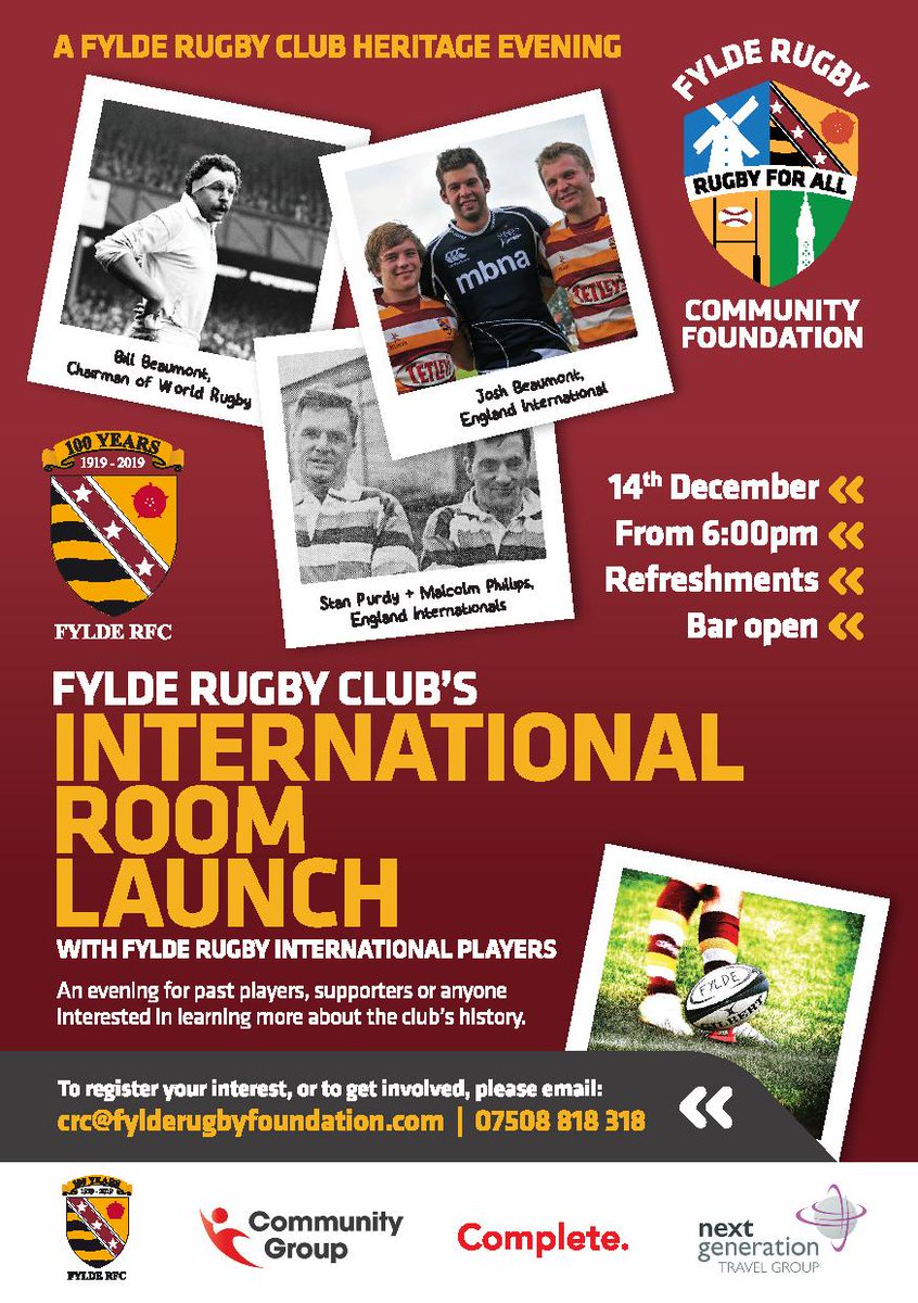 Don't forget! Tonight is launch of the International Room in the Woodlands Clubhouse, from 18.00. A number of Fylde's former international players will be attending - come along and chat to them, look at the memorabilia and pay tribute to a slice of their and the Club's history.
