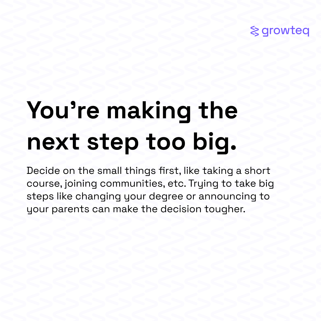 GrowIntoTech's tweet photo. If your next step is very big, the choice becomes super difficult.

Like you want to change your school course? Or relocate to another location? Those are big steps that may take months to figure out.

Start small. Make the decision in bits, and it becomes easier. https://t.co/DM0cWlU2u4