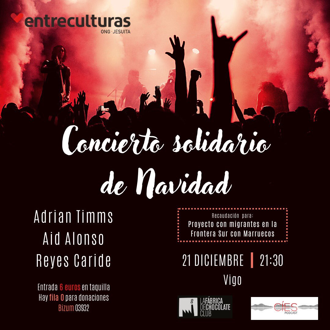 🎸🎤 ¡Ya está aquí el tradicional concierto solidario de <a href="/EntreculturasVi/">Entreculturas Vigo</a>! Con <a href="/AdrianTimms19/">Adrian Timms</a>, <a href="/aidvigo/">Aid Alonso</a> y @ReyesCaride. 

🎟️ Adquiriendo tu entrada estarás contribuyendo a nuestro proyecto con personas migrantes en Marruecos. ¡También disponible la Fila Cero!