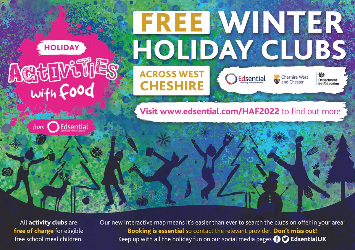 EdsentialUK's tweet photo. ❄️ FREE winter holiday activity clubs across @Go_CheshireWest! ❄️

#HAF2022 is back this winter with a whole host of FREE activity clubs for young people aged 5-16 years old! ☃️

Find out more and how to book here:
https://t.co/TZ0yxrw5ai

Funded by @educationgovuk https://t.co/uwnkXkSjda