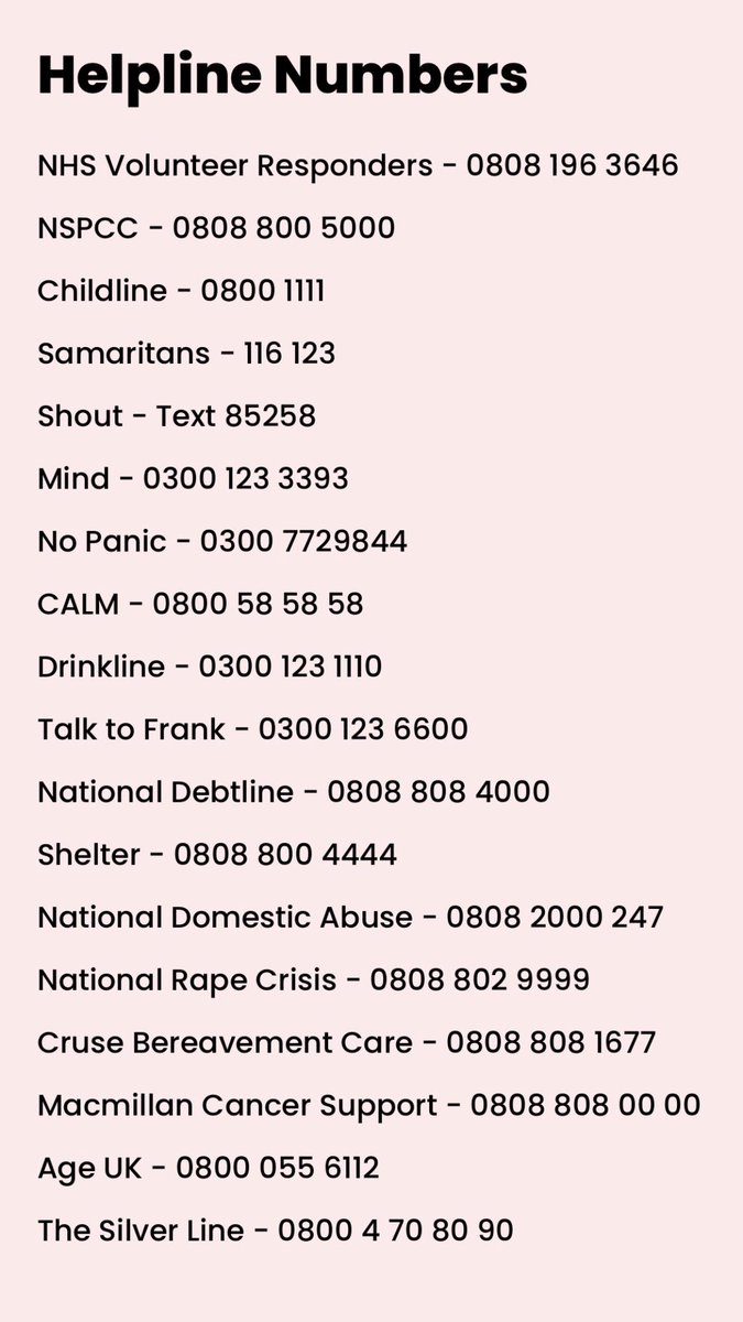 Christmas is a tough time for many people. I’ve put together some helpline numbers that are open through the holidays. Please RT.

Click image to see all the numbers.
