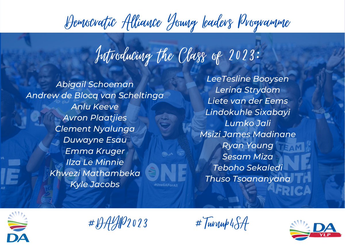 DAYoungLeaders's tweet photo. Following a rigorous recruitment &amp; selection process, we are happy to announce the class of 2023. 
This group of 20 Young Leaders has headed the call to #Turnup4SA and build one nation with one future, based on the values of Freedom, Fairness, Opportunity and Diversity for all. https://t.co/9bDMWHJ43O