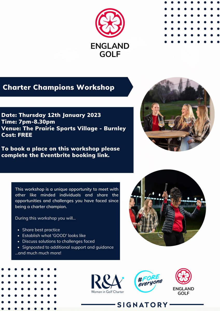 WOMEN IN GOLF CHARTER WORKSHOPS (hosted by Helen Searle)

The first is for any clubs interested in becoming a charter signatory - bit.ly/3UlTvXn

The second is calling all Charter Champions from clubs who are already signatories - bit.ly/3EPiGvG

Details below: