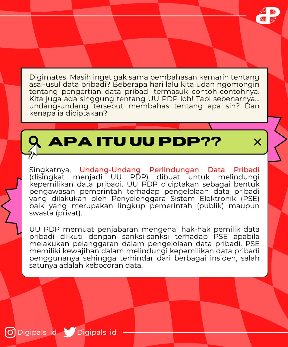 digipals_id's tweet photo. 📄[Kenalan Yuk Sama UU PDP]📄

Hi Digimates!

Balik lagi nih sama digipals yang siap sedia bantu lo semua #AmanBerselancar di internet! 

Kali ini kita mau ngasih tau lo semua satu hal yang penting banget buat di inget. Yap! UU PDP, tapi apasih kira-kira isi dari UU PDP itu? https://t.co/u9nwZ31AnV