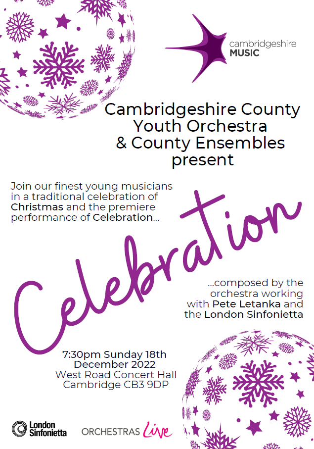 CambsMusic's tweet photo. Are you looking for a festive evening out? The Cambridgeshire County Youth Orchestra are performing on Sunday 18th December at West Road Concert Hall in Cambridge! Tickets are available by emailing: mymusic@cambridgeshire.gov.uk
Adults: Β£5
Under 18s: FREE
#MakeMusicMakeFriends https://t.co/SXZnUFguyF