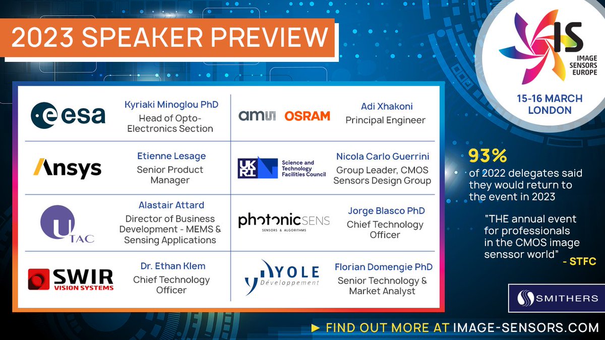 ImageSensors's tweet image. Take a look at the #ImageSensors Europe 2023 speaker preview and view all confirmed speakers now here bit.ly/3BBXDw6. #imagesensorslondon #imaging #machinevision #cmos