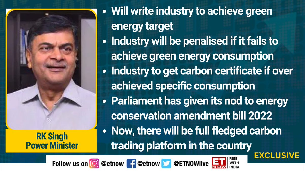 ETNOWlive's tweet photo. #ETNOWExclusive | Power Minister, RK Singh says industry will be penalised if it fails to achieve green energy consumption

@priyadarshi108 @RajKSinghIndia @OfficeOfRKSingh
@MinOfPower #GreenTarget #CarbonCredits https://t.co/kmOaKGlsDR