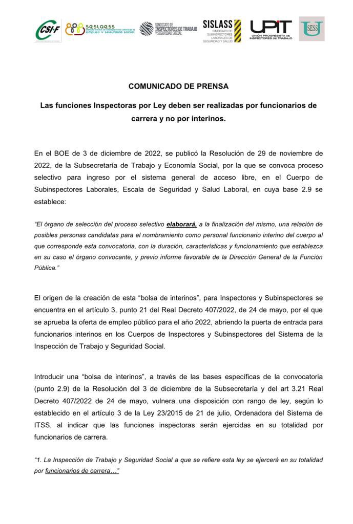 seslaess's tweet photo. Las funciones inspectoras están reservadas por ley a funcionarios de carrera. 

Las convocatorias que prevean la utilización de personal interino para realizar funciones inspectoras serán recurridas.

@UPIT_ITSS @instrabajoyss @USESS2022 @CSIFnacional @empleogob @Haciendagob https://t.co/MnxQ57eNIP