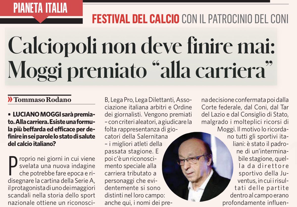 Paolo Ziliani (@zziliani) on Twitter photo Caro ministro dello sport <a href="/andreaabodi/">Andrea Abodi</a>, mentre il calcio vive una seconda #Calciopoli trascinata nel fango dalla #Juventus graziata nel 2006, col patrocinio del CONI di <a href="/giomalago/">Giovanni Malagò</a> viene premiato il radiato e condannato #Moggi. Niente da dichiarare vero?
(retwitta se sei schifato) Caro ministro dello sport <a href="/andreaabodi/">Andrea Abodi</a>, mentre il calcio vive una seconda #Calciopoli trascinata nel fango dalla #Juventus graziata nel 2006, col patrocinio del CONI di <a href="/giomalago/">Giovanni Malagò</a> viene premiato il radiato e condannato #Moggi. Niente da dichiarare vero?
(retwitta se sei schifato)