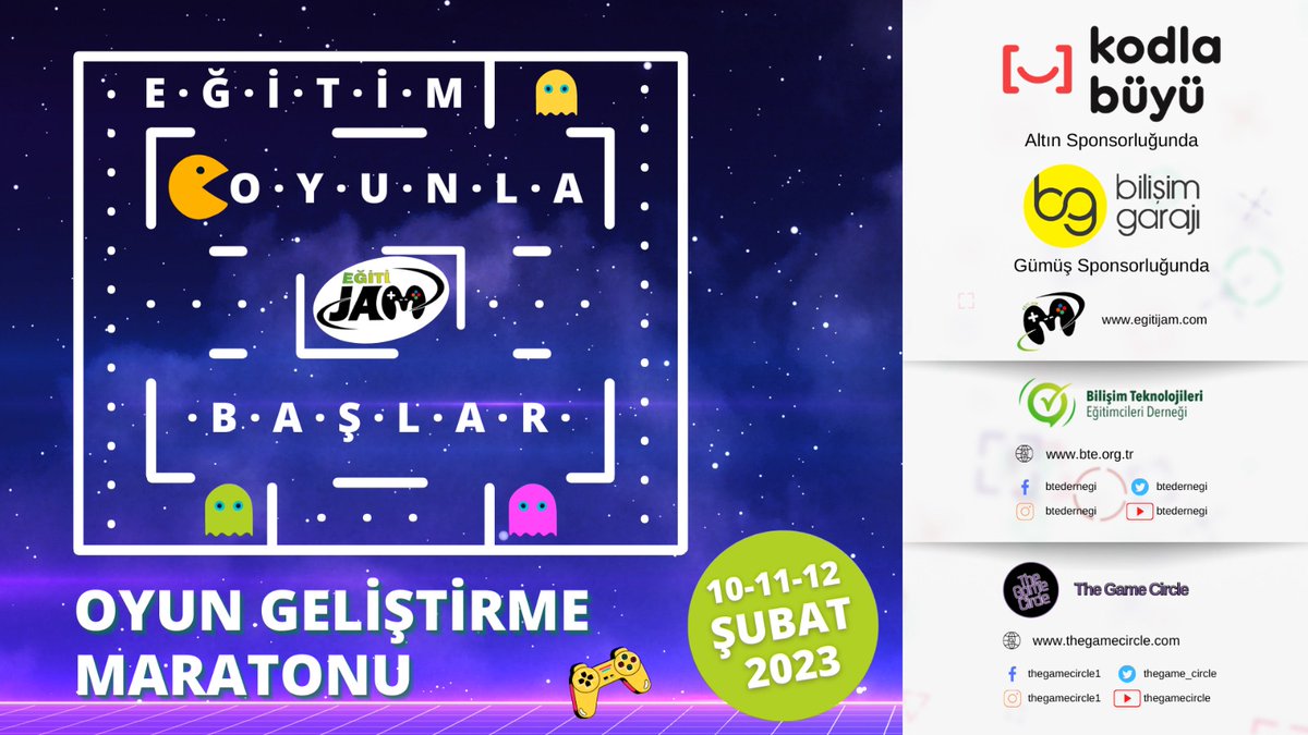 K12 Oyun Geliştirme Maratonu 
<a href="/thegame_circle/">The Game Circle</a> ve <a href="/btedernegi/">BTE Derneği</a> tarafından <a href="/KodlaBuyu/">Kodla Büyü</a> altın, <a href="/bilisimgaraji/">Bilişim Garajı</a> gümüş sponsorluğunda düzenlenecek olan <a href="/egitijam/">EğitiJam</a>'e başvuran takımlara Bilişim Garajı oyun geliştirme eğitimleri ücretsiz olarak açılacaktır egitijam.com <a href="/egitijam/">EğitiJam</a>