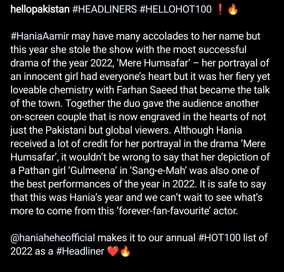 ishqbulaavax's tweet photo. 2022 is all about Farhan, Hania, Hala, Hamza, Mere humsafar, their crackling chemistry both on and off screen and now they're into the hello Pakistan annual list of Hot 100 headliners. 🥹🙌🏻 

Definitely, they ruled this year. 🔥💥♥️

#HaniaAamir #FarhanSaeed
#HELLOHOT100 #HOT100 https://t.co/Ae2jcQkRy5