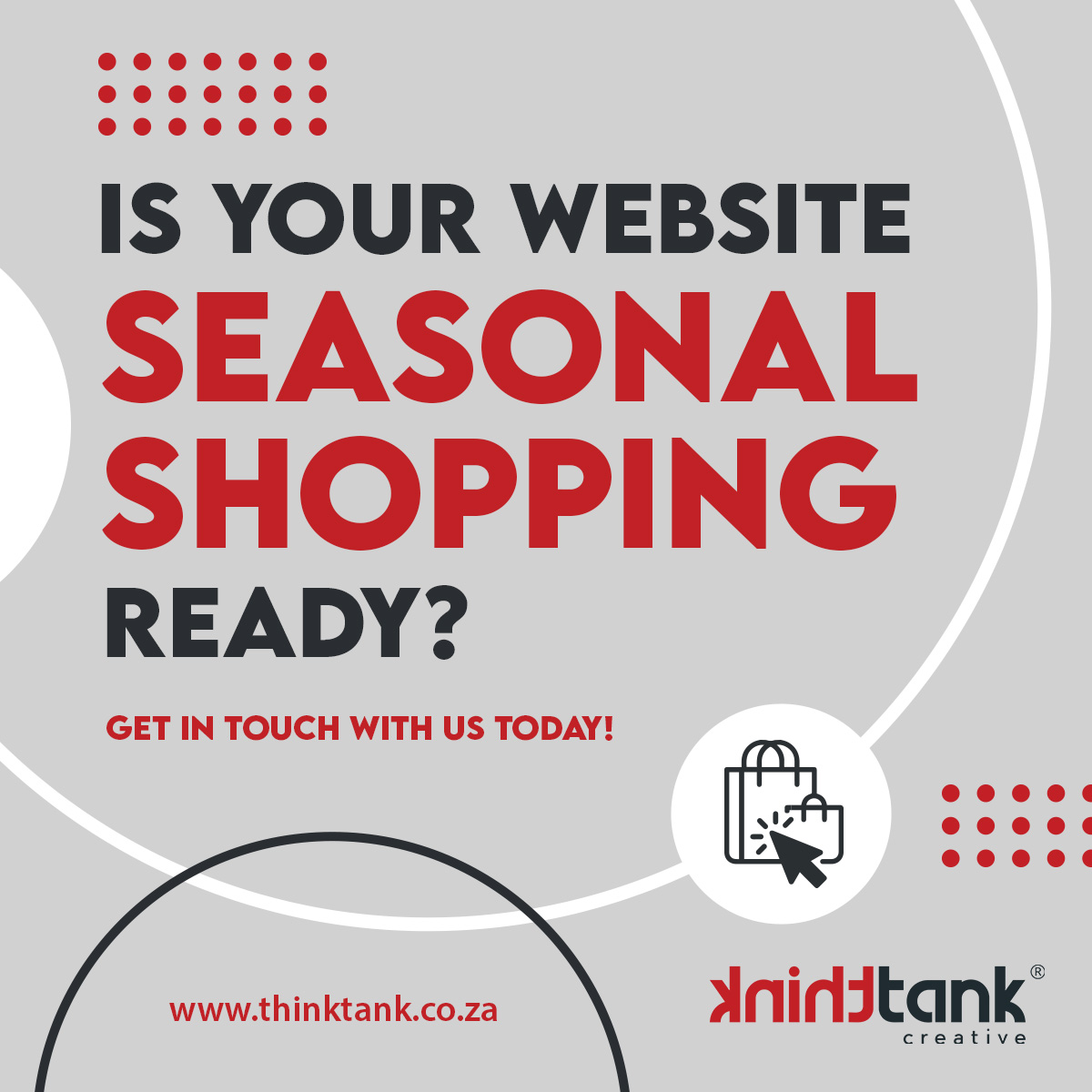 AKAThinkTank's tweet photo. Is your website ready this holiday season? 🌲 💻 💵 
Get in touch with us on 012 348 9756 or email us at info@thinktank.co.za to optimise your website this holiday season.

#thinktank #websites #seasonalshopping #webdevelopment #graphicdesign https://t.co/FQDpGSIbU5