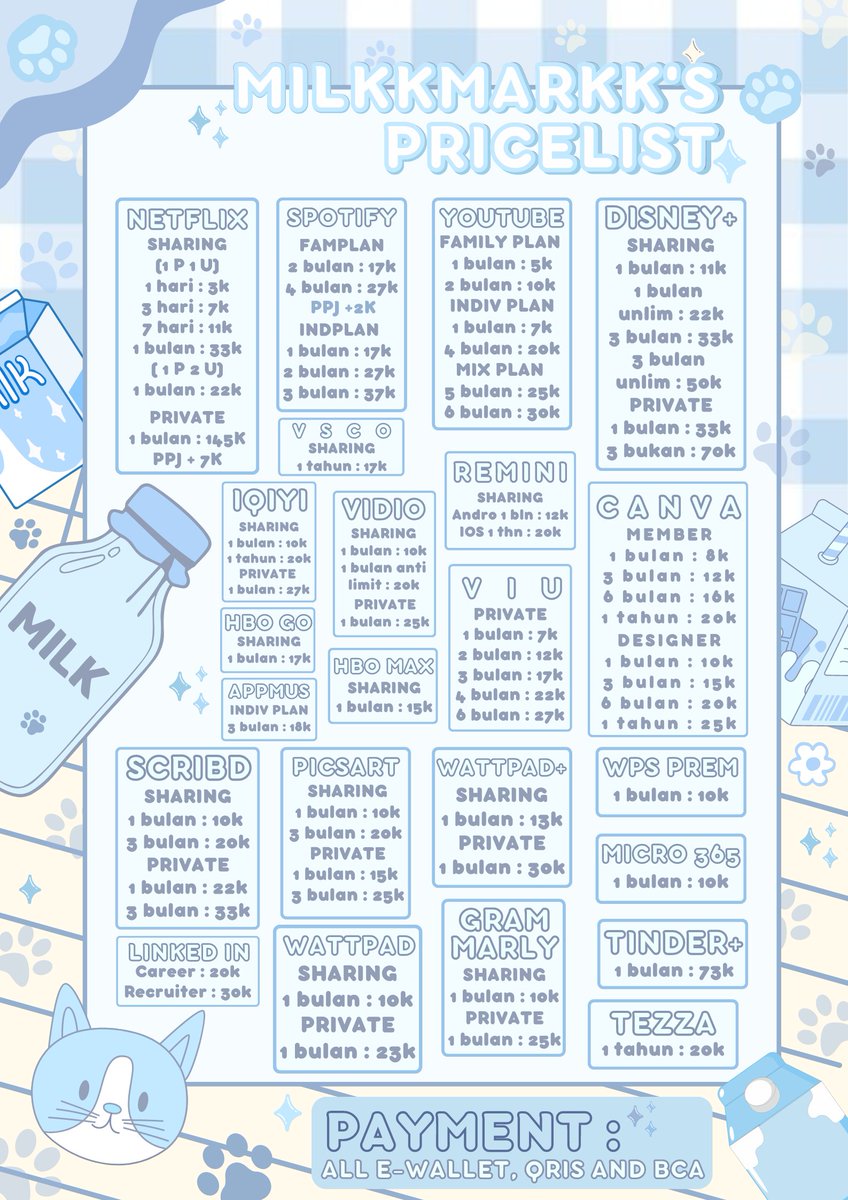 stprinkle's tweet image. hello fairylion! kamu mau beli apps premium legal? tapi murah dan juga bergaransi? milkmarkk pilihannya!! 

— sell app premium ; canva, netflix, spotify, youtube, resso, apple music, dll. 

✧ ; 100% legal, full garansi, trusted, dan murce parhs
✧ ; opress juga lho!!#zonauang