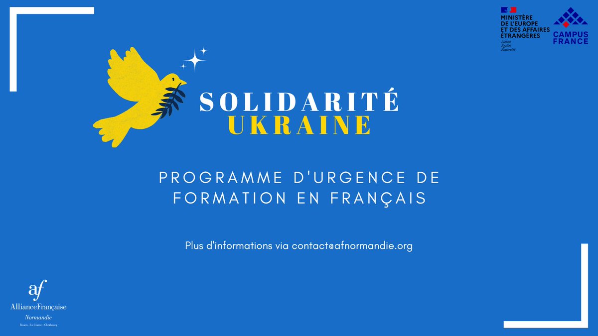 Après le dispositif « Urgence #Ukraine » soutenu par le <a href="/MinistereCC/">Ministère de la Culture 🇫🇷</a>, l'AF Normandie a été choisie par <a href="/francediplo/">France Diplomatie 🇫🇷🇪🇺</a> et #CampusFrance pour déployer le «Programme d’urgence de formation en français des étudiants ukrainiens » pour la région Normandie en 2023. #SolidariteUkraine