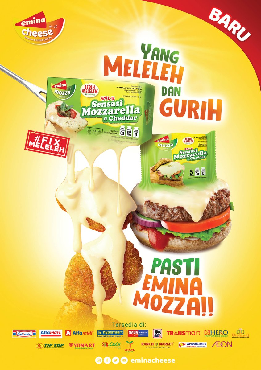 BARUUU!
Emina Cheese Block Mozza dengan formula baru,
Pertama di Indonesia perpaduan Keju Mozzarella &amp; Keju Cheddar yang lebih meleleh.
Yang meleleh &amp; gurih, pasti EMINA MOZZA!
#EminaFixMeleleh #eminacheese #CumadiEminaCheese