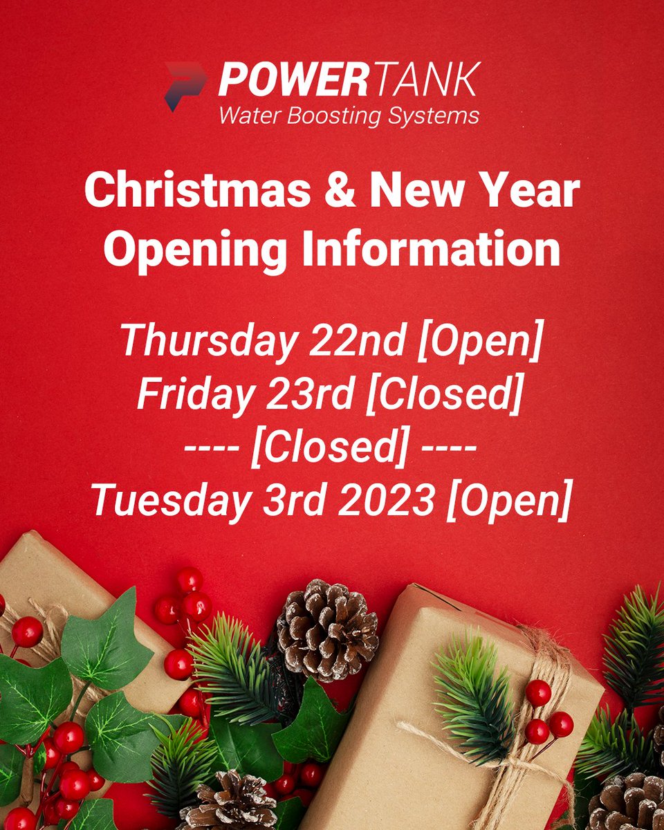 PowerTankUK's tweet photo. Our opening information for this yearβs festive season.
We are able to send orders on and before the 22nd of December.
If you have any enquiries, please contact us.
#powertankΒ #madeinBritainΒ #tanksupplierΒ #waterpressureΒ #waterboostingΒ #boostersetΒ #boostwater https://t.co/RWnyFgQlMn