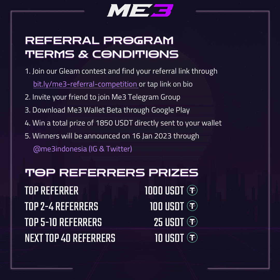 GachaGalaxyHQ's tweet photo. Let the hunt begin! 
Me3's biggest #CryptoGiveaway ever!

💸 1850 USDT

▶️ To join: https://t.co/mEdHmGxH7c

Slide for more info!
Program period is valid until 9 Jan 2023

#Me3Wallet #Me3ReferralCompetition
#OpenBeta #ReferralProgram #CryptoInvestor #FreeCrypto #NFTGiveaway https://t.co/ZeqD4b67sV