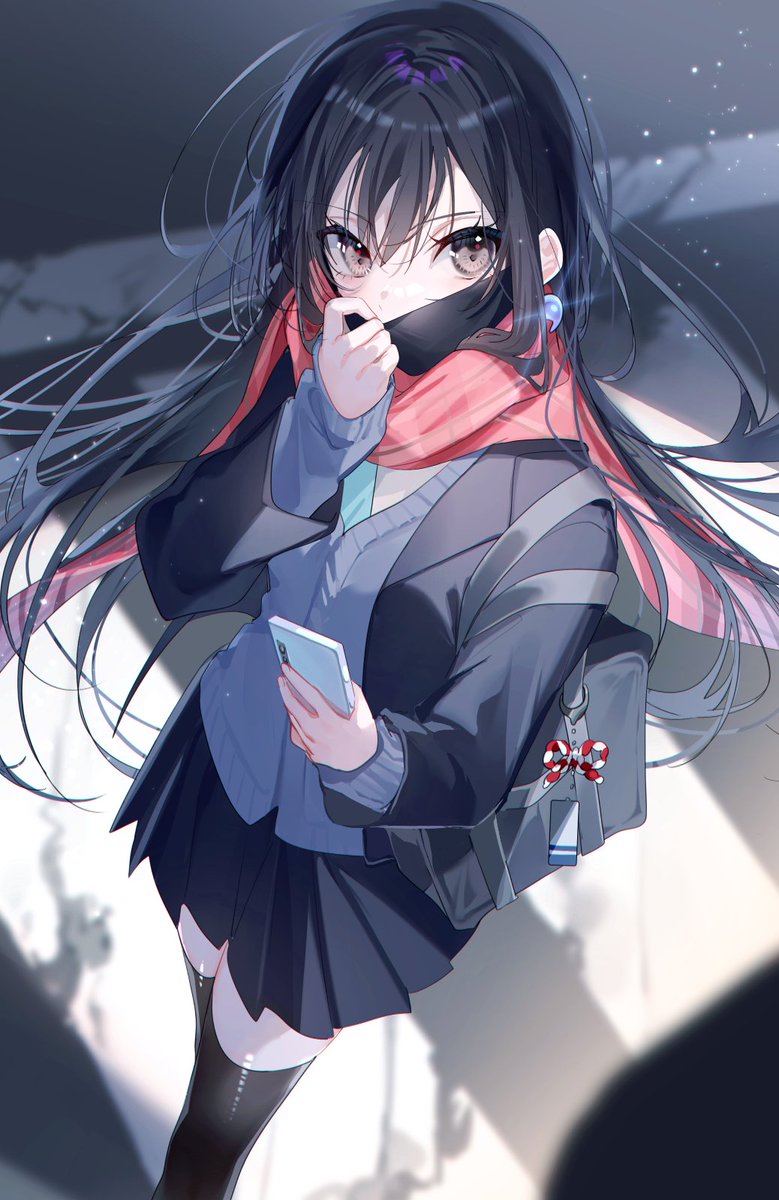 1girl skirt long hair scarf thighhighs black hair holding  illustration images