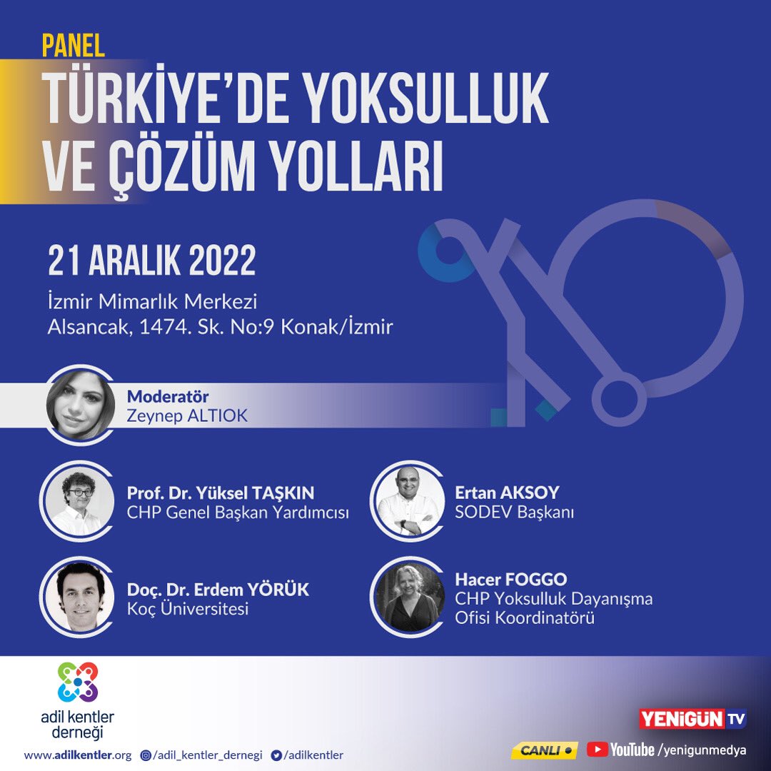 Son yıllarda yaşanan ekonomik krizinde etkisiyle gündeme oturan "Türkiye'de Yoksulluk ve Çözüm Yolları"nı panelle ele alacağız.

21 Aralık 2022 Çarşamba Saat 18:00'de İzmir Mimarlık Merkezi'nde yapılacak Panele bekliyoruz.

Ayrıntılar AdilKentler.org

#TürkiyedeYoksulluk