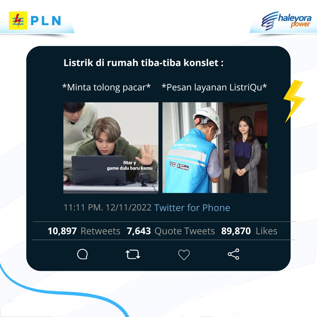 pln_services's tweet photo. Pacar masih kalah satset sama petugas ListriQu, nih, #SobatHP. Kalau ada masalah sama listrik dirumah, emang cuma ListriQu jawabannya!
#ListriQu #SolusiKebutuhanListrikmu #HaleyoraPower #PLNGrup https://t.co/qf5AEphZOh