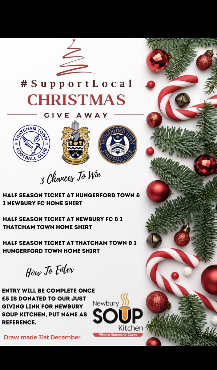 🎄𝐁𝐢𝐠 𝐂𝐡𝐫𝐢𝐬𝐭𝐦𝐚𝐬 𝐂𝐨𝐦𝐩𝐞𝐭𝐢𝐭𝐢𝐨𝐧🎄

@NewburyTownFC <a href="/Thatcham_TownFC/">Thatcham Town FC</a> 
<a href="/HungerfordTown/">Hungerford Town FC</a> 

Some great prizes on the give away 3 chances to win. Minimum donation of £5 to enter. 

justgiving.com/fundraising/ne…