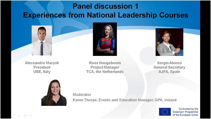 EUAthletes's tweet photo. #PROLead Dissemination Conference
The first panel discussion is taking place. Alessandro Marzoli, Sergio Alonso and Roos Hoogeboom are sharing their experiences designing and delivering leadership courses to athletes under the #PROLead Erasmus Plus project. https://t.co/DL4zlVM5oz