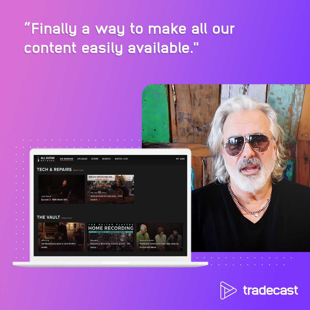🎸 "𝘼𝙡𝙡 𝙤𝙛 𝙤𝙪𝙧 𝙘𝙤𝙣𝙩𝙚𝙣𝙩 𝙞𝙨 𝙣𝙤𝙬 𝙚𝙖𝙨𝙞𝙡𝙮 𝙖𝙘𝙘𝙚𝙨𝙨𝙞𝙗𝙡𝙚 𝙤𝙣 𝙤𝙣𝙚 𝙘𝙚𝙣𝙩𝙧𝙖𝙡 𝙥𝙡𝙖𝙩𝙛𝙤𝙧𝙢." 

Check out our case video about All Guitar Network: 

tradecast.tv/en/cases/all-g… 

#tradecast #readytoplay #videoplatform #videoplayer