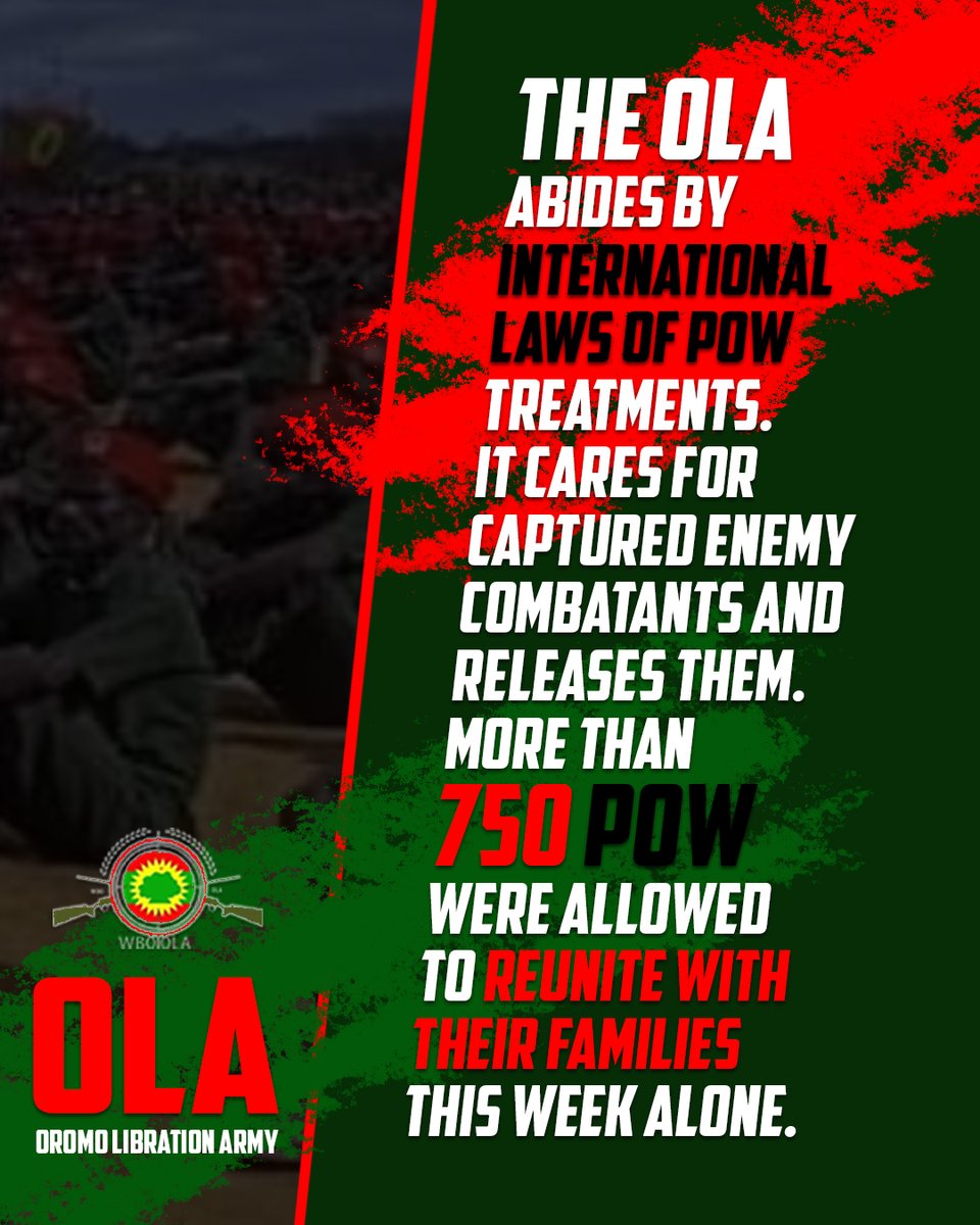 OromiaFinfine1's tweet photo. The #OLA abides by international laws of POW treatments. It cares for captured enemy combatants and releases them. More than 750 POW were allowed to reunite with their families this week alone. https://t.co/4rnWiRlsmM @UN_HRC @UNGeneva @SenateForeign #WOB #SaveOromoLives