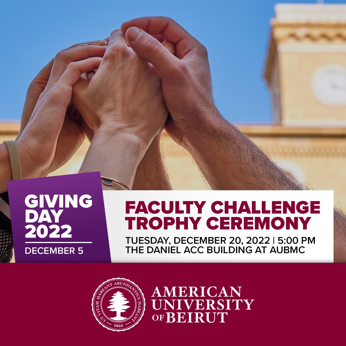 AUBAlumni's tweet photo. Congrats to all @AUB_Lebanon alumni who took part in the #AUBGivingDay Faculty Challenge. It was a close contest won by @aubhson with the largest percentage of alumni donors. @fas_aub received the most donations. #AUBproud #AUBgrateful #AUB1family https://t.co/IT5SEyfcPg