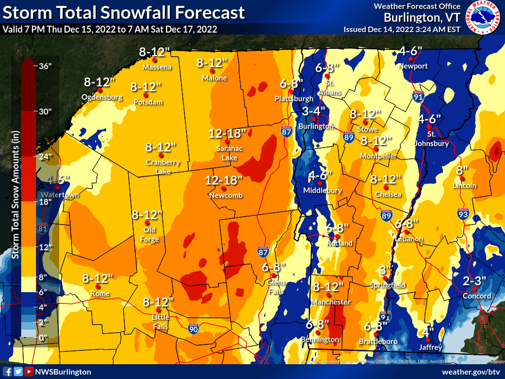 A winter storm watch has been issued for Northern New York and most of Vermont. Our initial forecast is for 4 to 16 inches of snowfall with areas of higher terrain expected to receive the highest amounts of storm total snowfall.