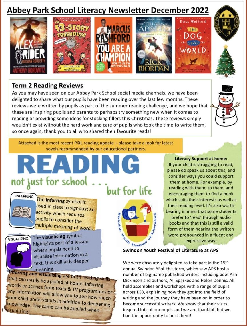 AbbeyParkSchool's tweet photo. *** December Literacy Newsletter ***

Our termly literacy newsletter has been sent out, including a list of new and exciting recommended reads - some stocking fillers perhaps? Wishing you a relaxing Christmas - we hope you find some time to curl up with a good book! https://t.co/hi3HuNkWFJ