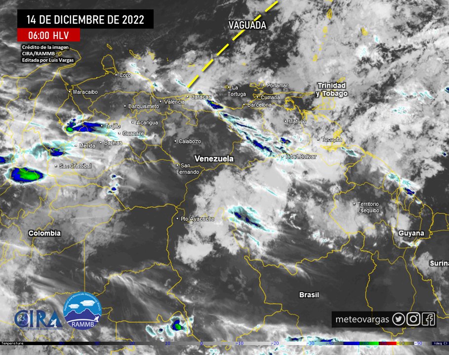 Meteovargas's tweet photo. #14Dic Vaguada en el Caribe al norte de Venezuela. Áreas cubiertas a fragmentadas en buena parte del país, destacando a primeras horas nubosidad productora de lluvias y algunas con actividad eléctrica en zonas de la región Guayana, Nororiental, Insular, Centro Norte...(sigue) https://t.co/CPErZSHhtx