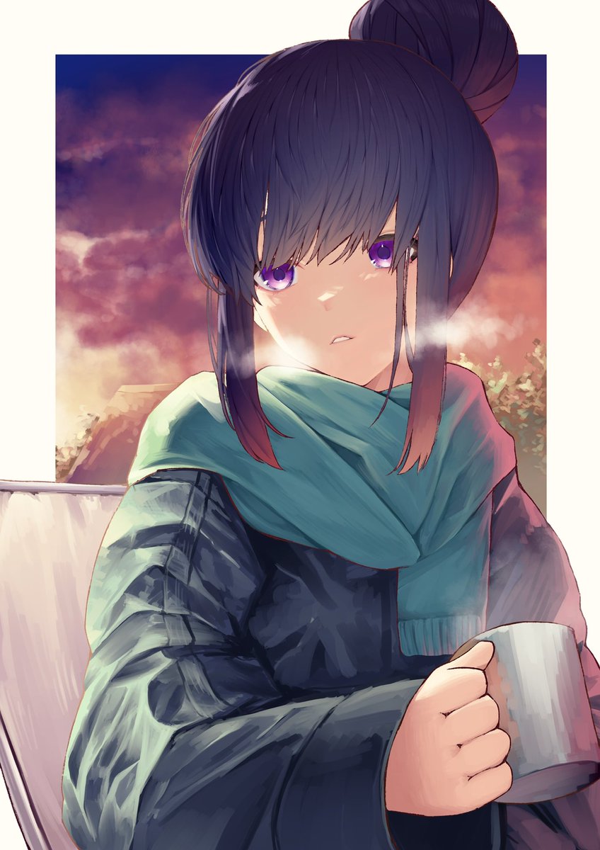 shima rin 1girl solo hair bun single hair bun cup purple eyes scarf  illustration images