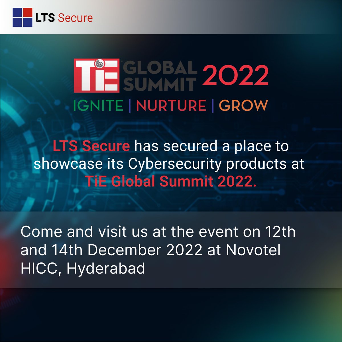SecureLts's tweet image. #ltssecure has grabbed a spot to showcase its master cyber security product #vsocbox at #TiEGlobalSummit  2022, which is the world’s biggest entrepreneurship meet on 12th-14th December, at Novotel HICC, #Hyderabad .