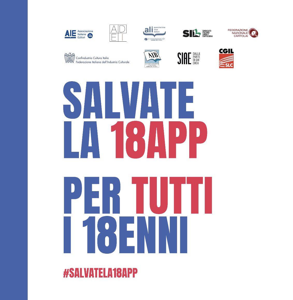 Tutto il mondo del libro italiano unito chiede al Parlamento e al Governo di confermare la #18app. E di farlo con l’attuale dotazione e per tutti, indipendentemente dal reddito. #salvatela18app #AIE #USPI #GiuffreFrancisLefebvre