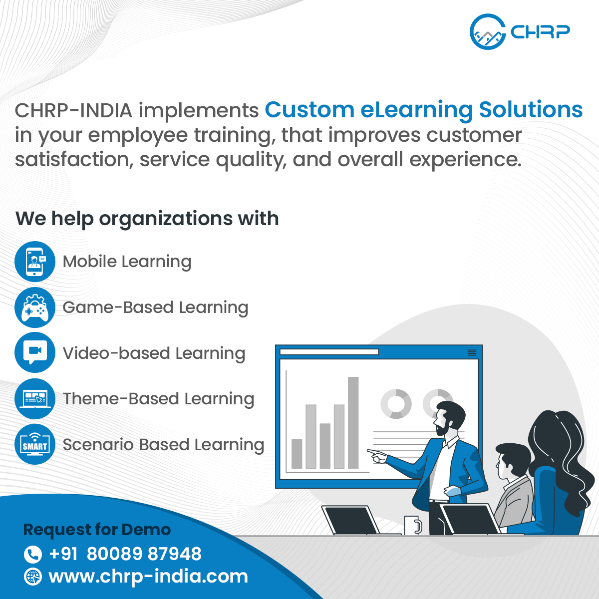 ChrpIndia's tweet photo. CHRP-INDIA implements Customs eLearning Solutions in your employee training that improves customer satisfaction, service quality, and overall experience.

We help organisations with:-
- Micro-Learning
- Game-Based Learning
- Video-Based Learning
- Theme-Based Learning https://t.co/iOE891cjJC