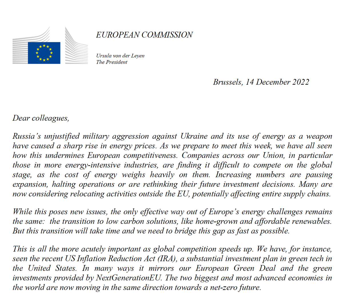 BREAKING: Ursula von der Leyen proposes 4 point plan to compete with US clean subsidies

1 — strategic collective supply chains with US
2 — changes to state aid rules
3 — public investment through ETS revenue and a *new sovereignty fund*
4 — fast permitting for renewables