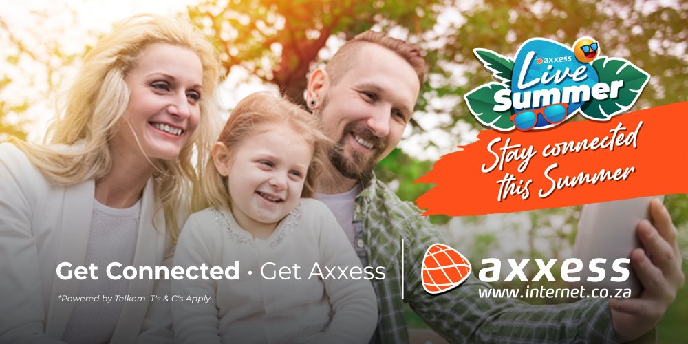 AxxessInternet's tweet photo. Get the whole family connected this Summer with Axxess

Follow the link below to check if Telkom LTE is available in your area
👉 https://t.co/X4WBbO5uPD

#AxxessSummerVibes 
#Chillax #LiveSummer 
#GetConnected
#GetAxxess https://t.co/iAB6n4ev4s