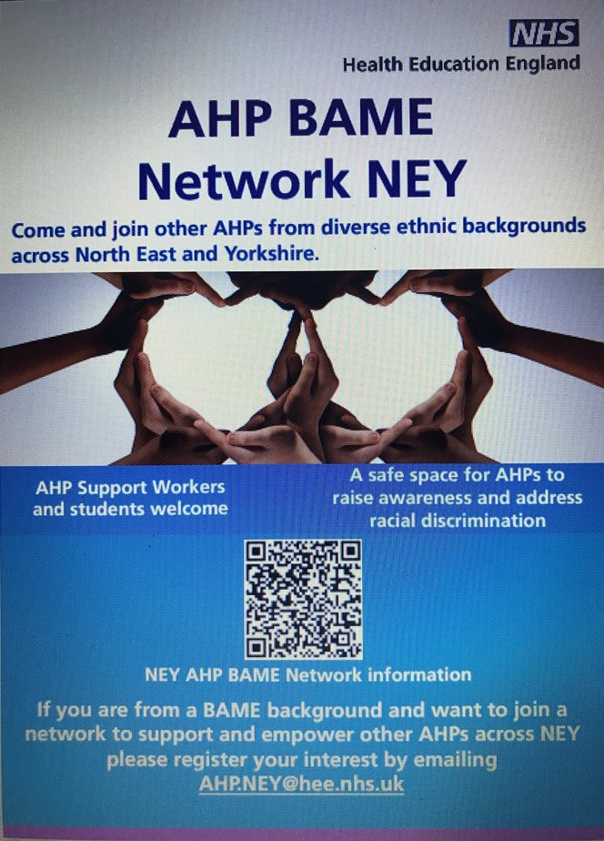 Please promote the NEY AHP BAME Network to encourage more AHPs, including students and Support Workers, to join this exciting and proactive Network @ruth_mhlanga @PodChrisAitkins @NomaMakha @OdethRichardson @OrlaReddington @MastersonNg @Emeliemoris @ZebunnisaD @poppopba @NEYHEE