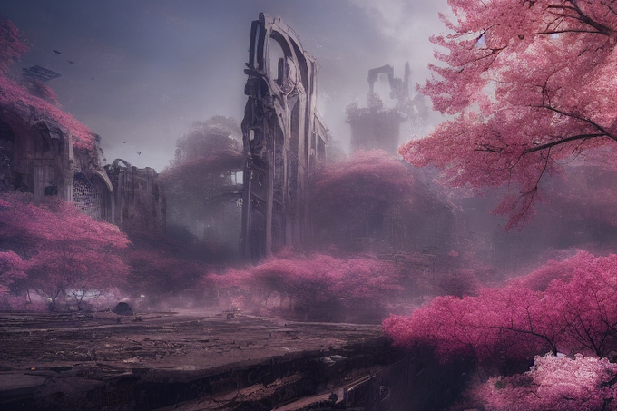 #stablediffusion Ruins of a huge city,mechanical surface,futuristic, one huge Cherry blossom tree in full blooms, ,gothic, sci-fi,hyperdetailed, hyperrealistic, Cinematic, Ultra-Wide Angle, Kinemacolor, Artstation,4k 