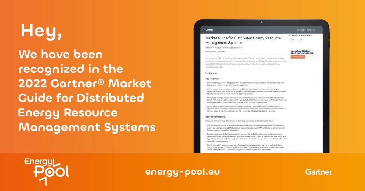 We are proud to announce that Energy Pool ⚡ has been named a Gartner #RepresentativeVendor in the June 2022 Gartner® Market Guide for Distributed Energy Resource Management Systems report. 

To read the complementary report: energy-pool.eu/en/2022-gartne…