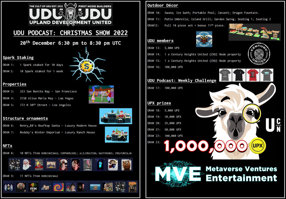 ben68smh's tweet image. Not 100% finalized yet but shows some of the &amp;gt;2,000,000UPX equivalent worth of prizes to be given away in the #UDUpodcast Xmas Show. Have to be in the Zoom next week, link will be dropped in the MVE Discord via mve.productions  #Upland @UplandMe  #NFTCommunity #Metaverse