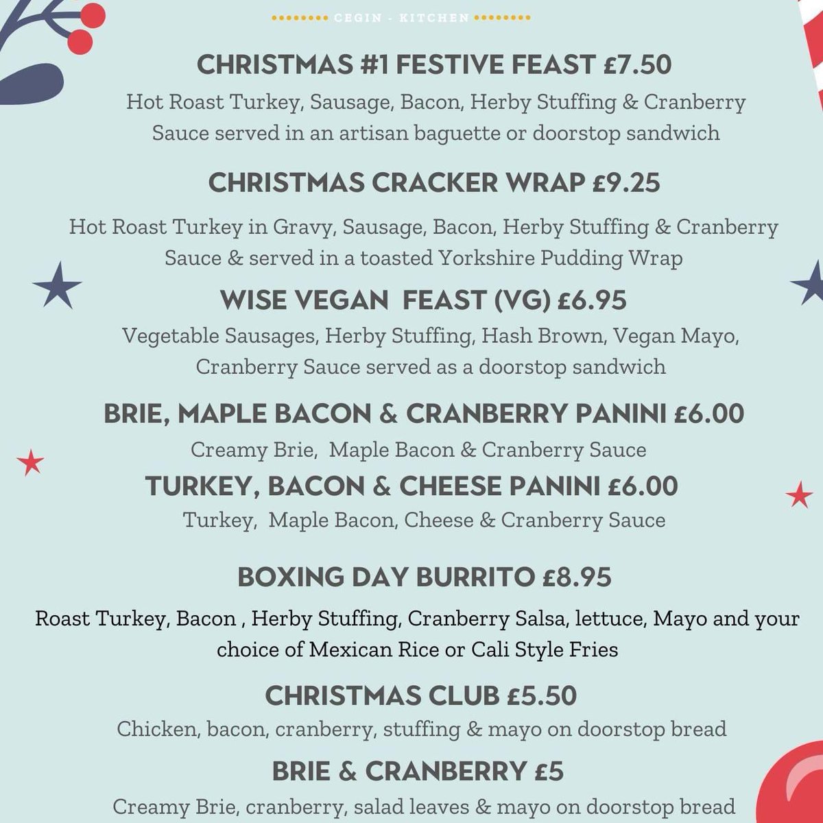 Ma’n Bwydlen Nadolig 2022 yn aros amdanat ti!

Beth am drïo’r Wrap Cracyr Dolig - Pwdin Sir Efrog gyda thwrci blasus, ein stwffin perlysiog, saws llugaeron, roliau moch a selsig a grefi!

Ar gael i’w gasglu neu i’w gludo atat ar parcdeli.com