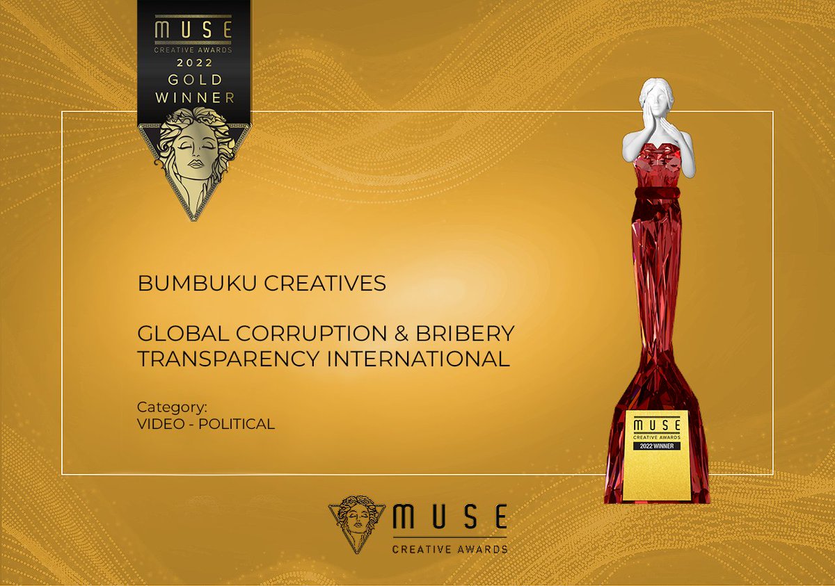 bumbukucreative's tweet photo. Our animation on “The Corruption Perceptions Index” of our client #TransparencyInternational on #foreignbribery and #globalcorruption has become the Gold Winner in the #Political #Video Category in @museaward 2022. What an honorary joy to shed light on this unsettling truth! 🥳 https://t.co/pQJKWSW5OM