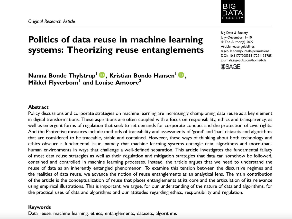 kristian bondo hansen (@bondohansen) on Twitter photo Super excited to see our paper on the politics of data reuse out in <a href="/BigDataSoc/">Big Data & Society</a>. What a privilege it is to work with amazingly smart and generous people like <a href="/NThylstrup/">nanna thylstrup</a>, <a href="/flyverbom/">Mikkel Flyverbom</a>, and <a href="/AmooreLouise/">Louise Amoore</a>.
journals.sagepub.com/doi/10.1177/20… Super excited to see our paper on the politics of data reuse out in <a href="/BigDataSoc/">Big Data & Society</a>. What a privilege it is to work with amazingly smart and generous people like <a href="/NThylstrup/">nanna thylstrup</a>, <a href="/flyverbom/">Mikkel Flyverbom</a>, and <a href="/AmooreLouise/">Louise Amoore</a>.
journals.sagepub.com/doi/10.1177/20…