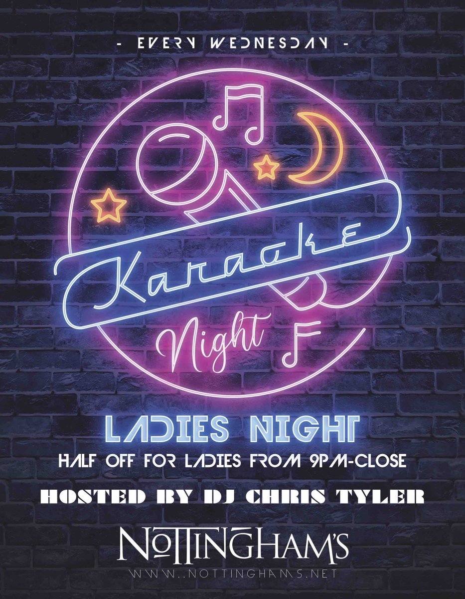 NottinghamsMD's tweet photo. LADIES NIGHT! – WEDNESDAY
50% off for LADIES from 9pm-close

COMEDY STARTS AT 9:30PM (Free)
KARAOKE STARTS AT 9:30PM
#HoCoMD https://t.co/AYOZI4NDuC