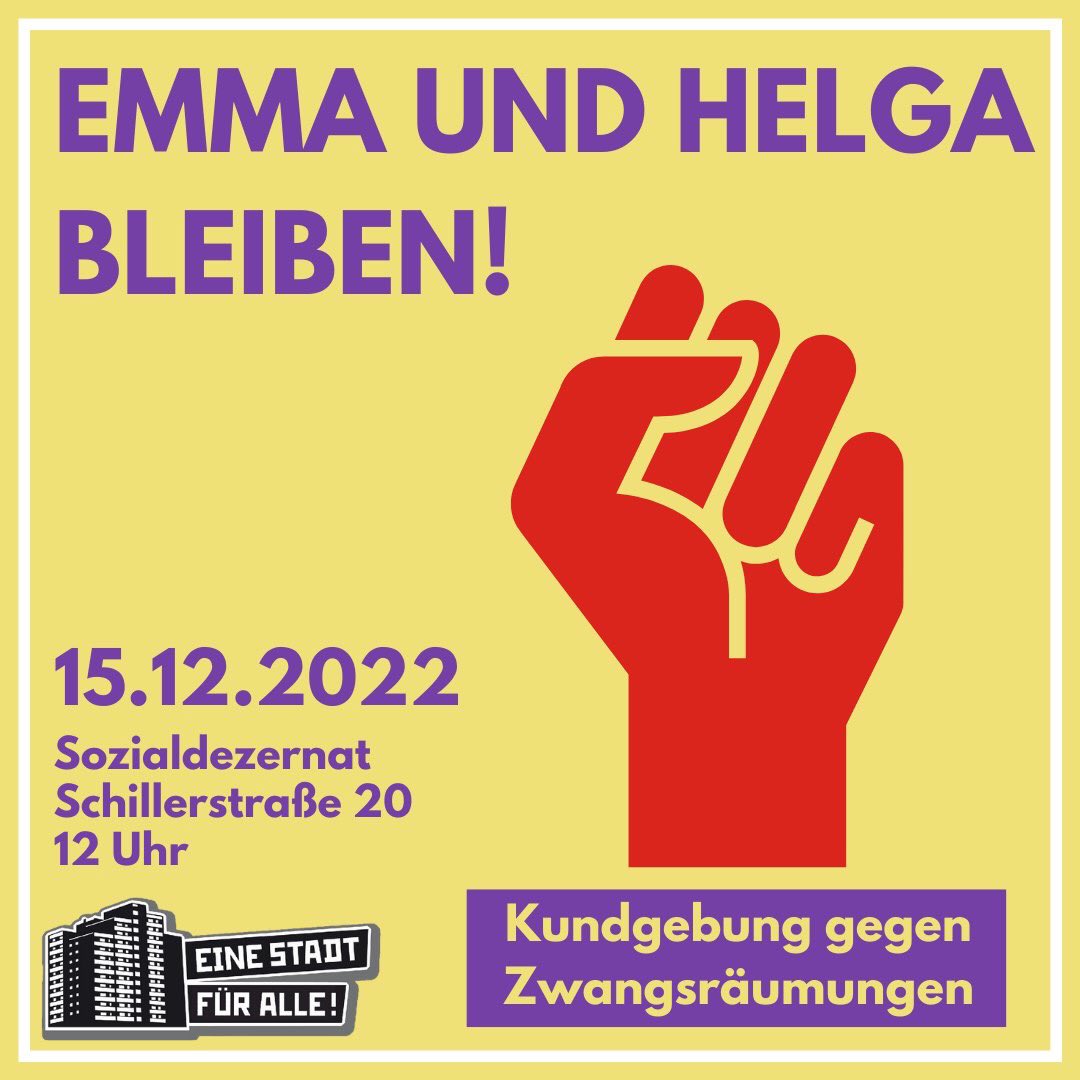 Ein aktuelles Beispiel von drohender Zwangsräumung zeigt wie absurd das System ist: eine stadteigene Stiftung will Emma und Helga aus der Wohnung räumen lassen, um nachher in der Pflicht für ihre Unterbringung zu bleiben. #EndstationNotinterkunft #FrankfurtArmeReicheStadt