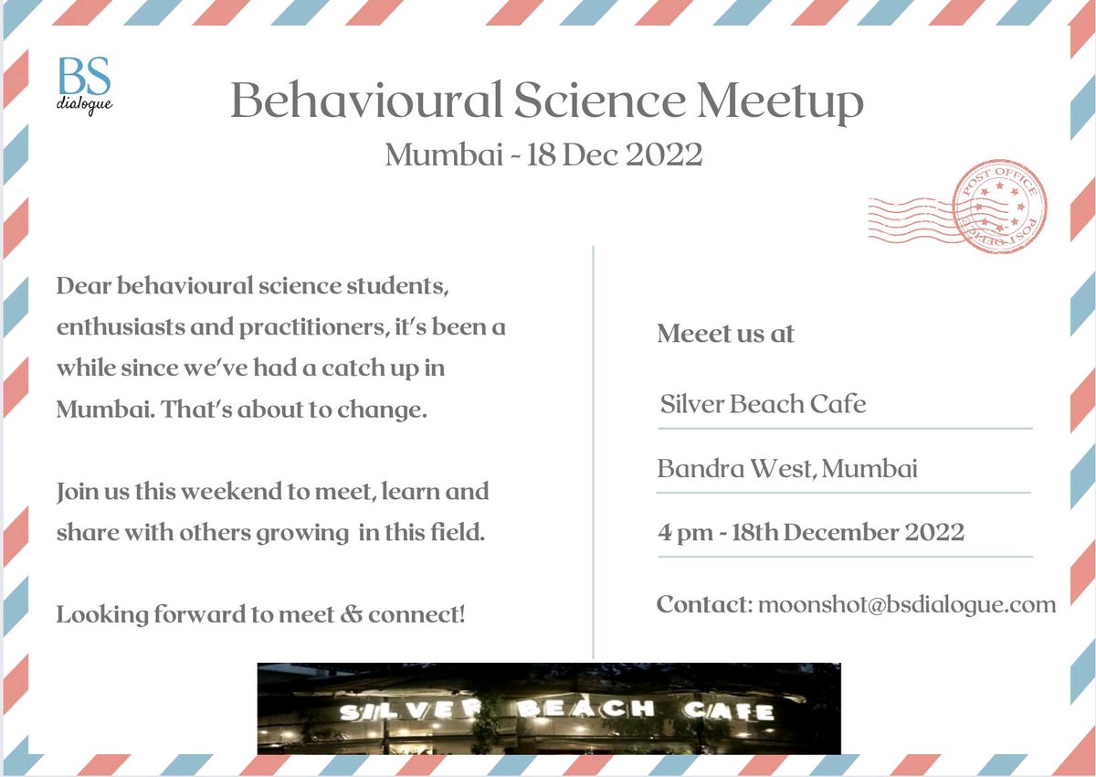 #behaviouralscience enthusiasts in Mumbai - let's catch up! 

Join us this Sunday at 4pm to discuss all things BS:)

<a href="/jafarbaig92/">Jafar Baig</a> <a href="/ddiddi/">Divyani Diddi</a> <a href="/Saloni_Bhatia__/">Saloni B</a>